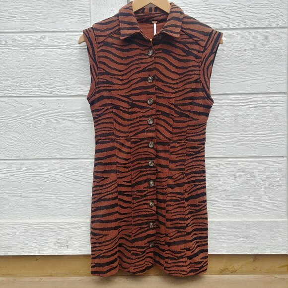 Free People animal print brown black tiger stripe mini dress button down Small - Picture 1 of 16